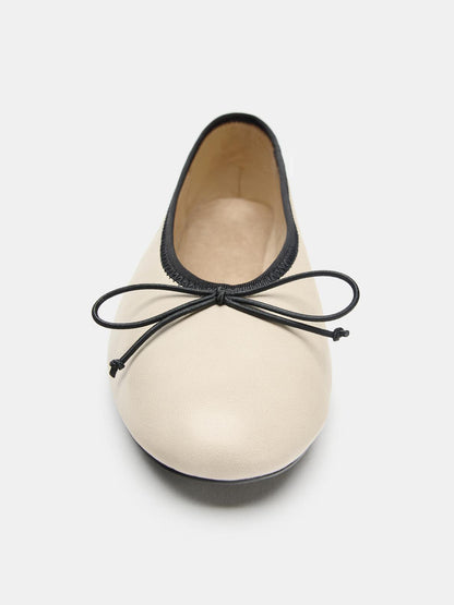 Cream Square-Toe Chic Front Bow Slip-On Classic Ballet Flats