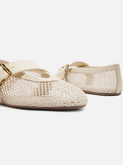 Ivory Mesh Round-Toe Buckle Wide Strap Slip-On Ballet Flats