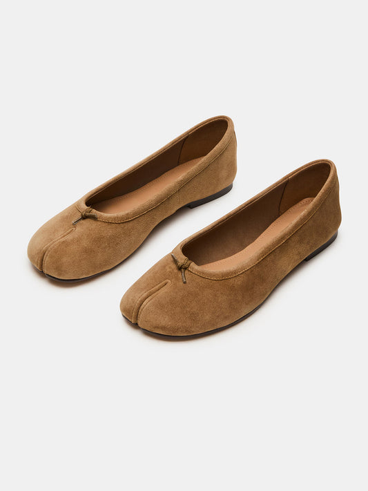Brown Faux Suede Split-Toe Slip-On Ballet Flats