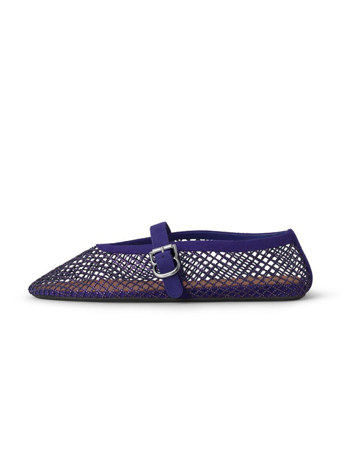 Dark Blue Mesh And Faux Suede Round-Toe Buckle Mary Jane Ballet Flats