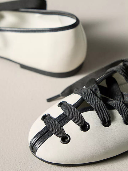 White Round-Toe Simple Lace-Up Slip-On Ballet Flats