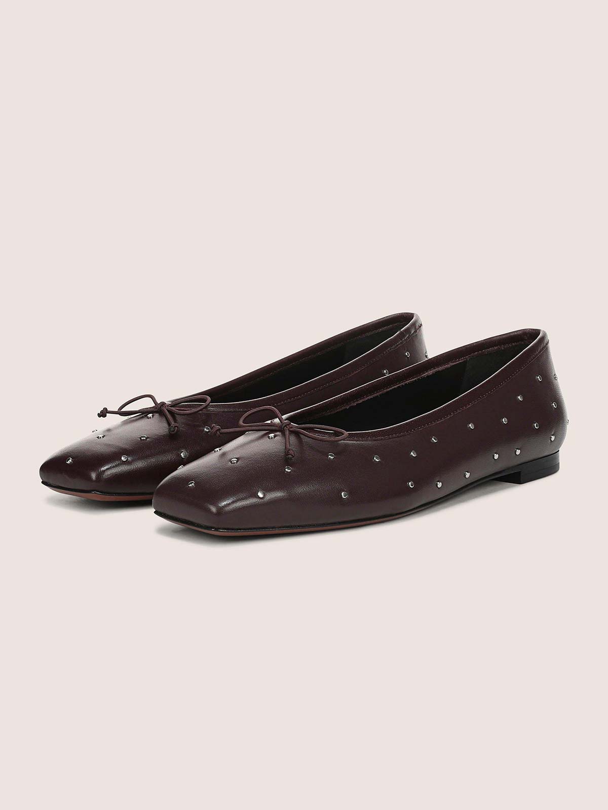 Dark Coffee Square-Toe Front Bow Studded Chic Ballet Flats