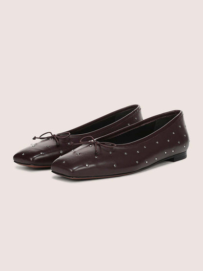 Dark Coffee Square-Toe Front Bow Studded Chic Ballet Flats