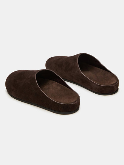 Brown Faux Suede Round-Toe Slip-On Flats Slide