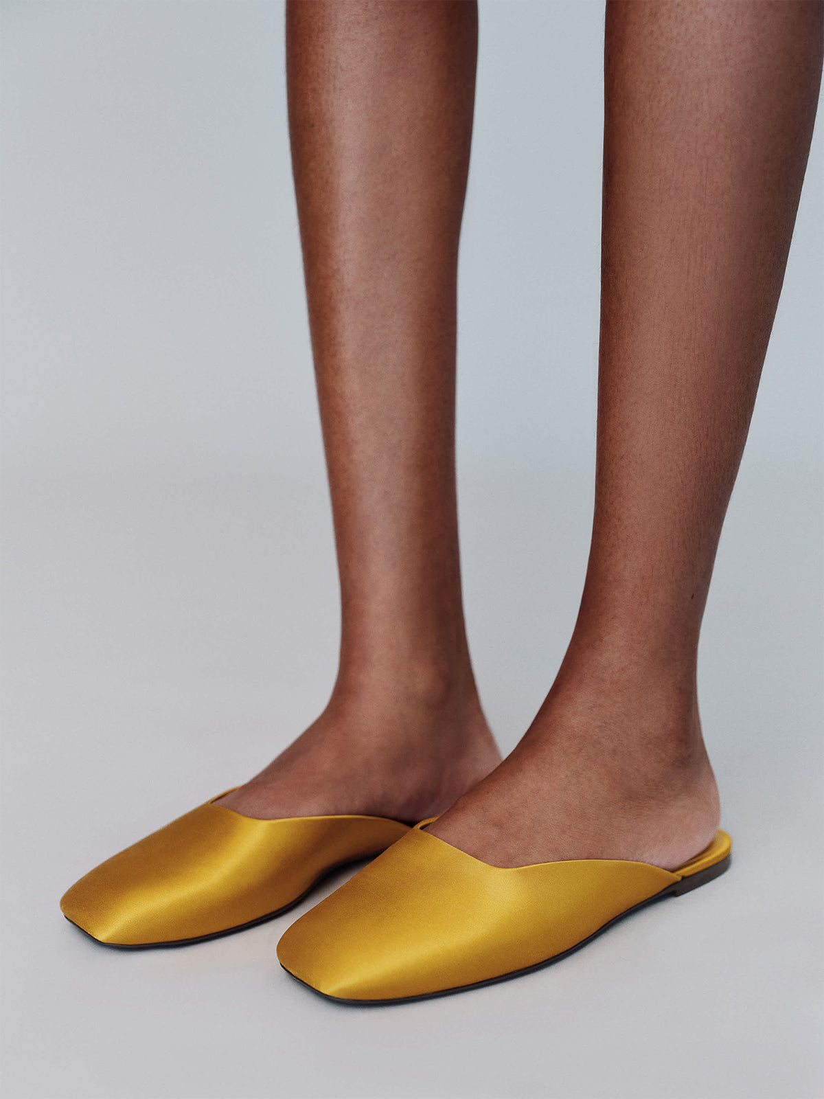 Honey Satin Square-Toe Backless Slip-On Flat Mules