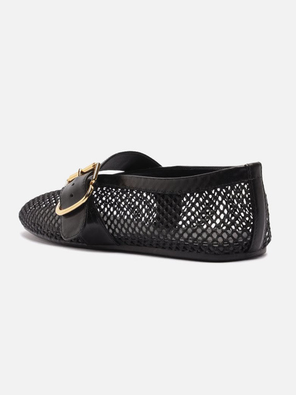 Black Mesh Round-Toe Buckle Wide Strap Slip-On Ballet Flats