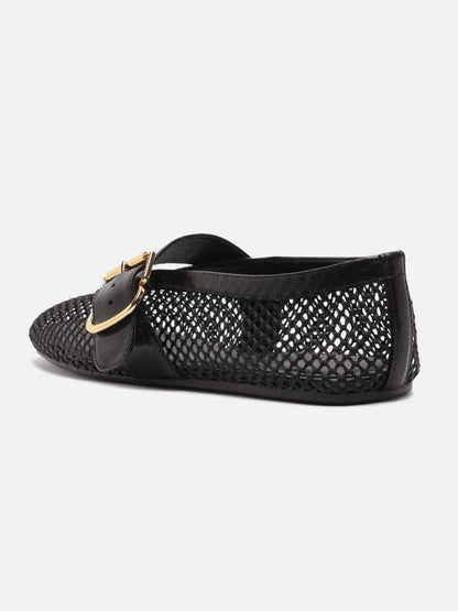 Black Mesh Round-Toe Buckle Wide Strap Slip-On Ballet Flats