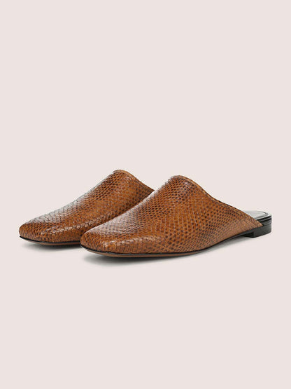 Brown Snakeskin Pattern Square-Toe Chic Backless Simple Flats