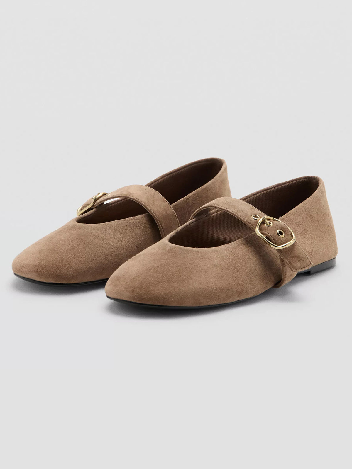 Sand Faux Suede Round-Toe Buckle Mary Jane Ballet Flats