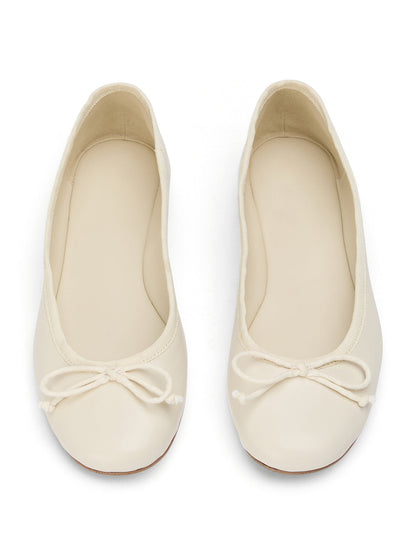 Round-Toe Chic Front Bow Slip-On Ballet Simple Flats - Ivory
