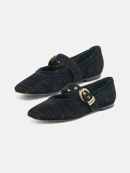 Chocolate Perforated Faux Suede Square-Toe Middle Strap Ballet Flats