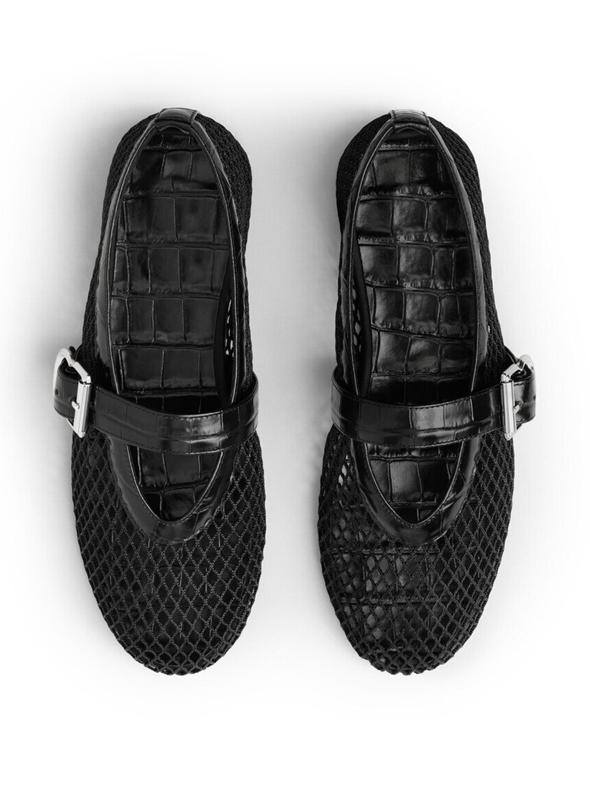 Black Mesh And Crocodile Pattern Vegan Leather Round-Toe Mary Jane Ballet Flats