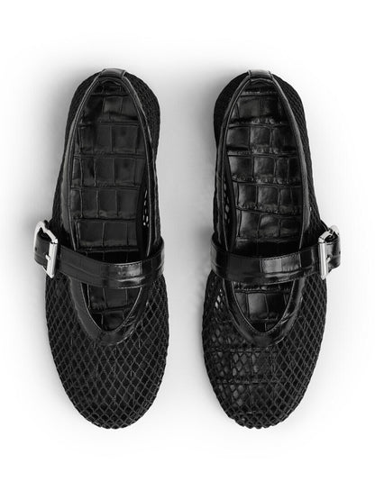 Black Mesh And Crocodile Pattern Vegan Leather Round-Toe Mary Jane Ballet Flats