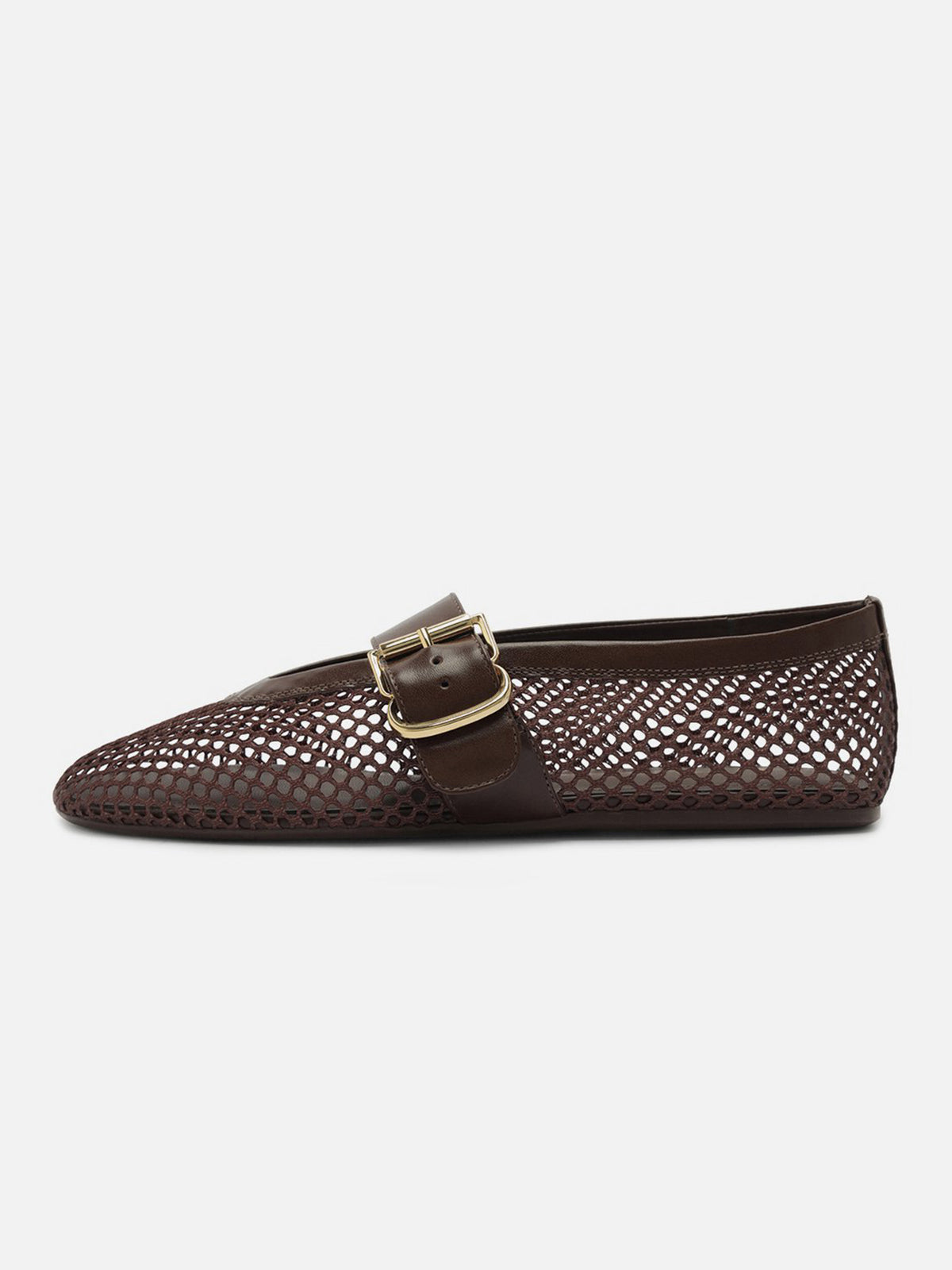 Coffee Mesh Round-Toe Buckle Wide Strap Slip-On Ballet Flats