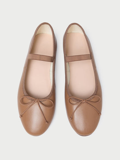 Khaki Vegan Leather Round-Toe Mary Jane Front Bow Ballet Flats