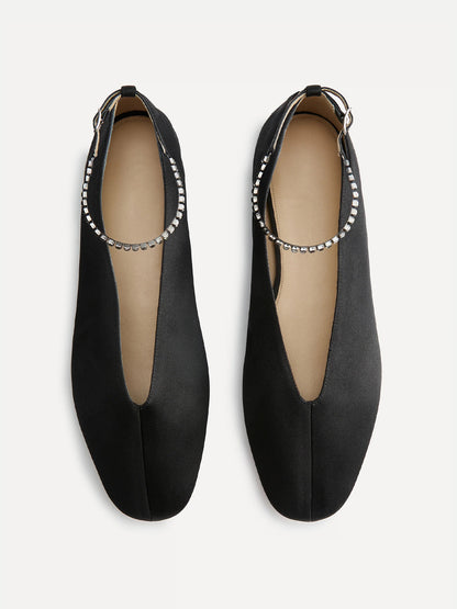 Black Satin Square-Toe Slip-On And Ankle Strap Ballet Flats