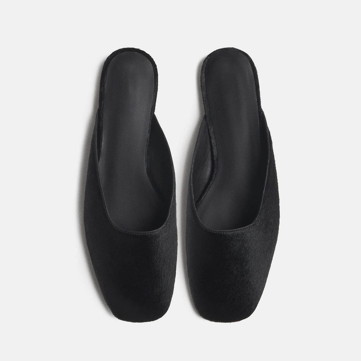Slip-On Square-Toe Backless Mules Flats - Black Pony Hair Vegan Leather