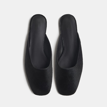 Slip-On Square-Toe Backless Mules Flats - Black Pony Hair Vegan Leather