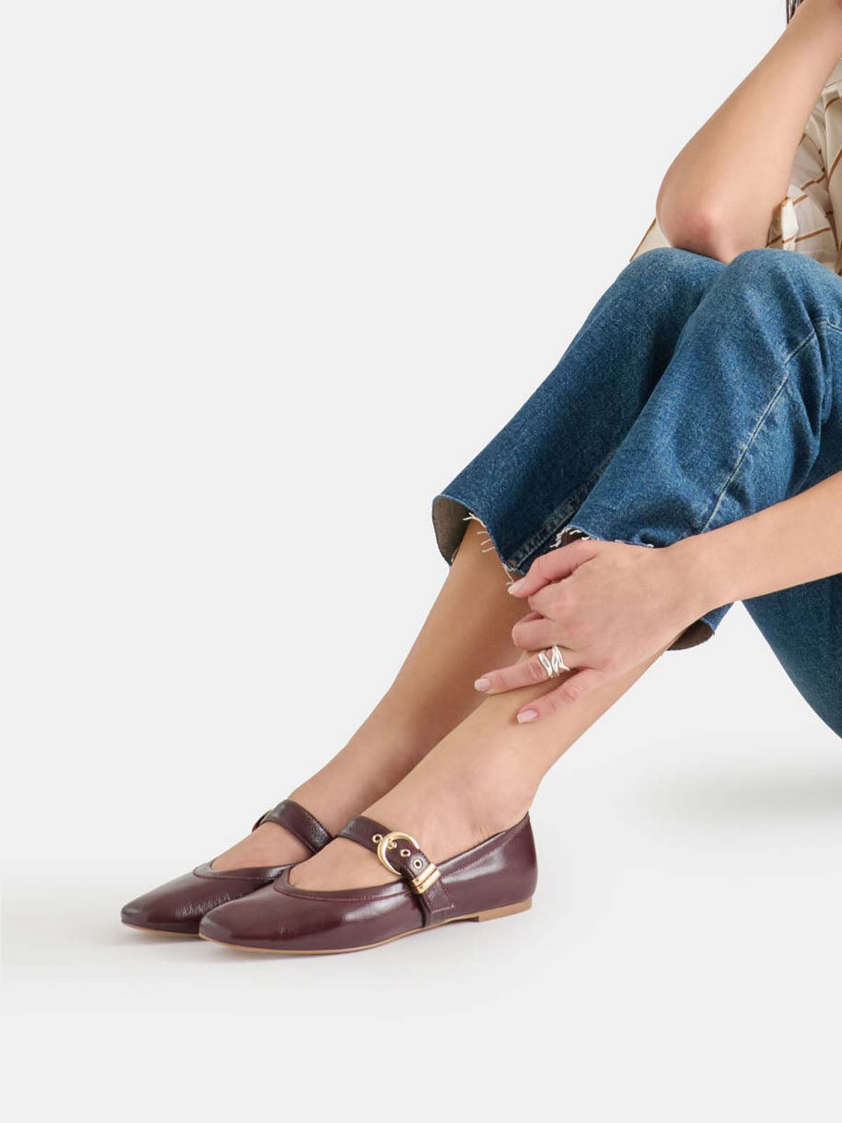Burgundy Square-Toe Buckle Mary Jane Strap Ballet Flats
