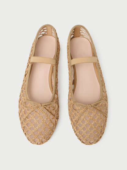 Brown Woven And Mesh Round-Toe Front Bow And Middle Strap Ballet Flats