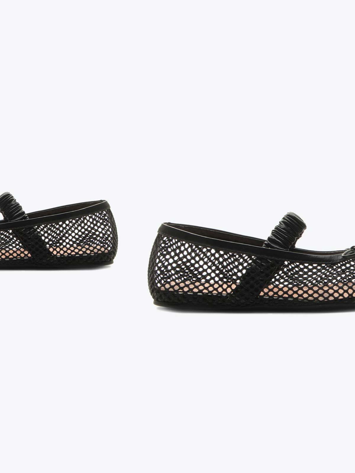 Black Mesh Round-Toe Front Bow And Elastic Mary Jane Ballet Flats