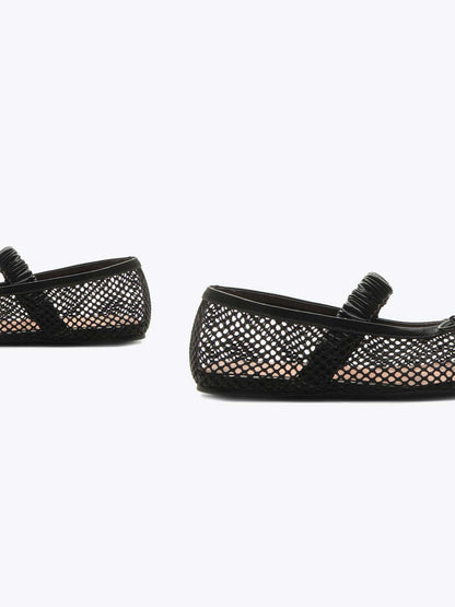 Black Mesh Round-Toe Front Bow And Elastic Mary Jane Ballet Flats