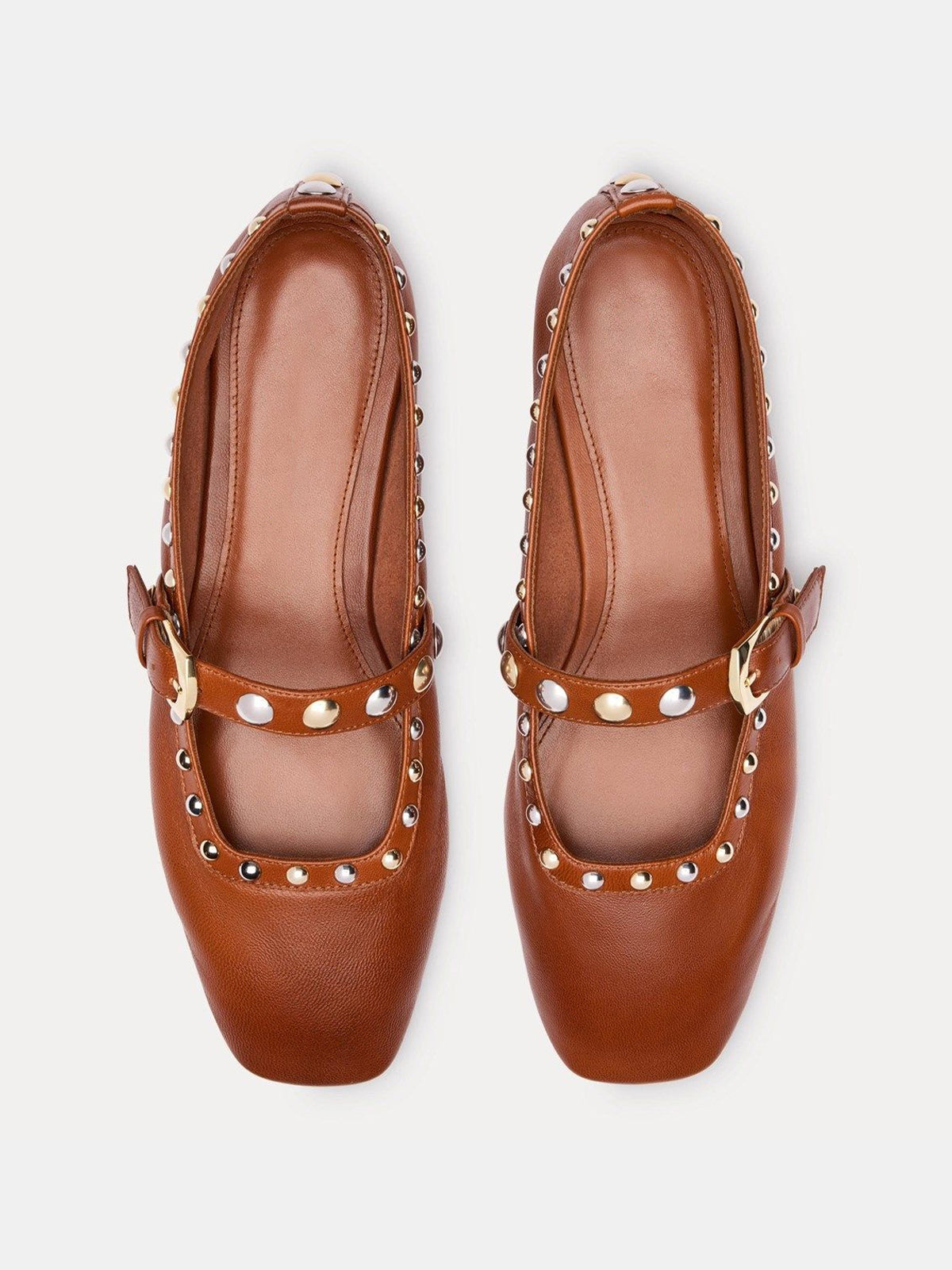 Red Square-Toe Buckle Middle Strap And Studs Flats