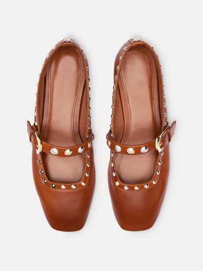 Red Square-Toe Buckle Middle Strap And Studs Flats