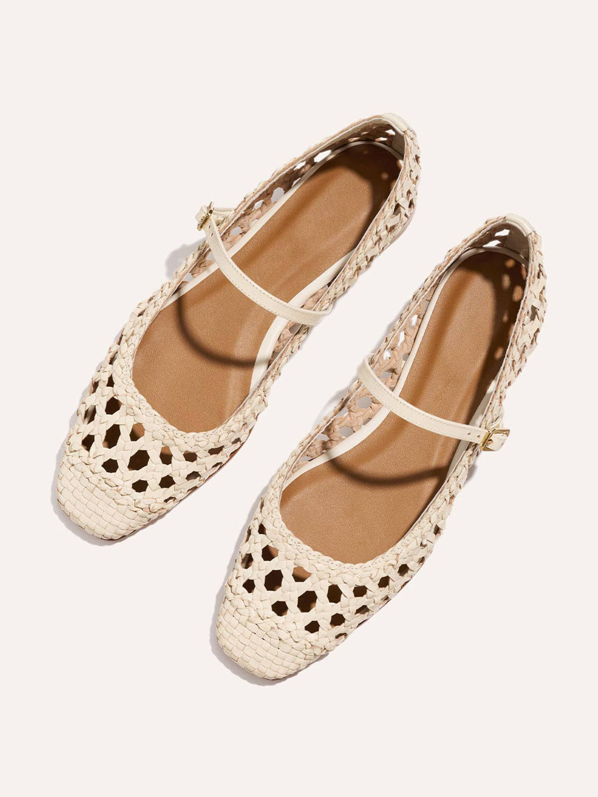 Cream Woven Vegan Leather Square-Toe Mary Jane Chic Ballet Flats