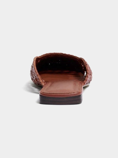 Woven Vegan Leather Square-Toe Cutout Backless Flats - Brown