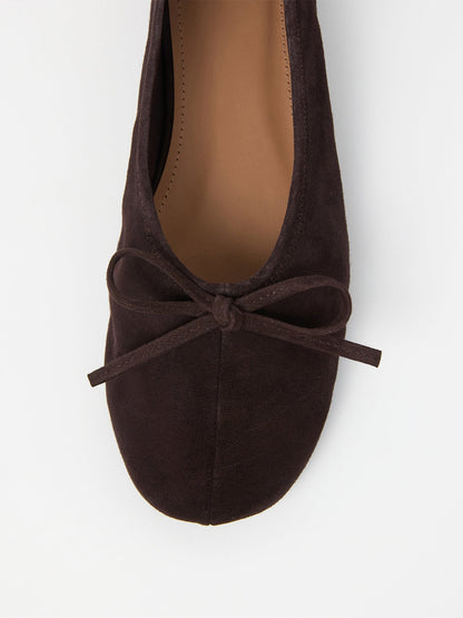 Chocolate Faux Suede Classic Square-Toe Front Bow Simple Ballet Flats