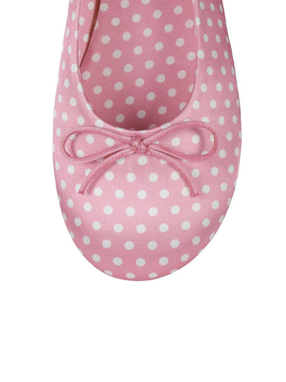 Pink Satin With White Spot Round-Toe Front Bow Slip-On Ballet Flats