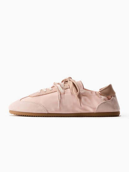 Light Pink Satin And Cow Suede And Cow Leather Round-Toe Lace-Up Flats Sneakers