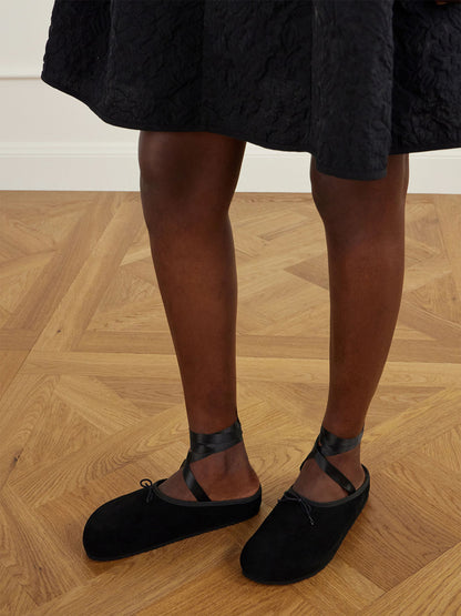 Black Faux Suede Square-Toe Front Bow Backless And Ankle Strap Flats