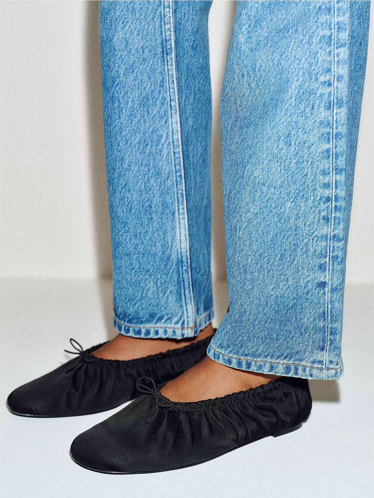 Black Satin Square-Toe Ruching And Front Bow Ballet Flats