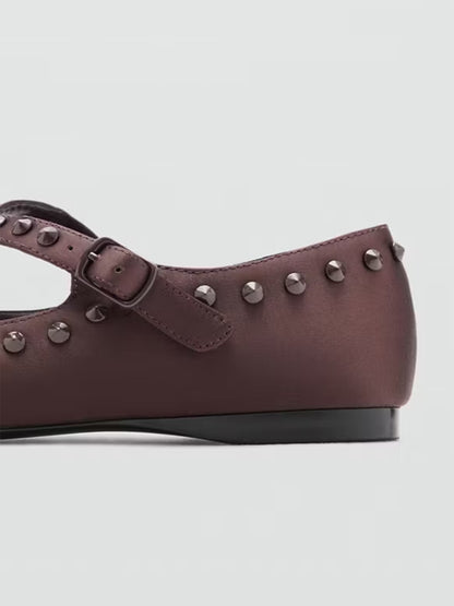 Chocolate Satin Round-Toe Middle Crossed Straps And Studs Flats