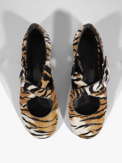 Tiger Pattern Square-Toe Chic Crossed Strap With Buckle Slip-On Flats