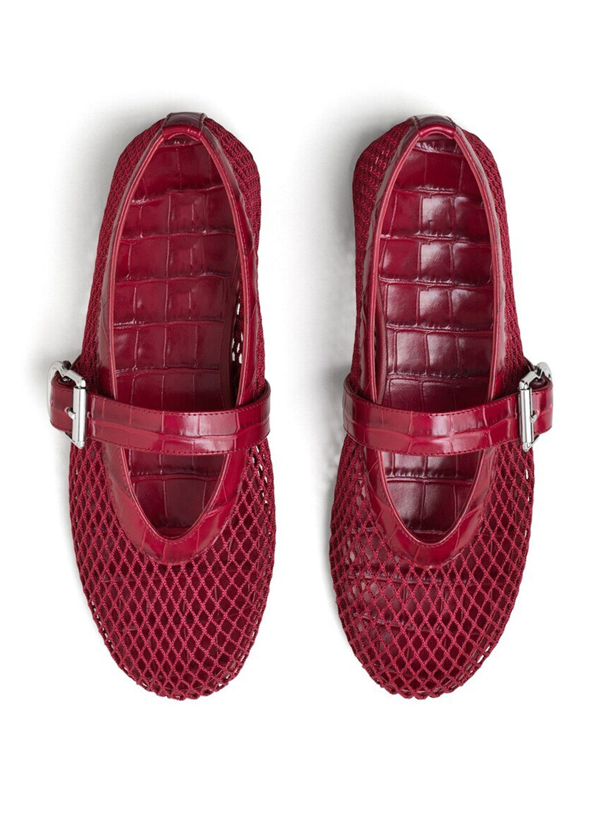 Red Mesh And Crocodile Pattern Vegan Leather Round-Toe Mary Jane Ballet Flats