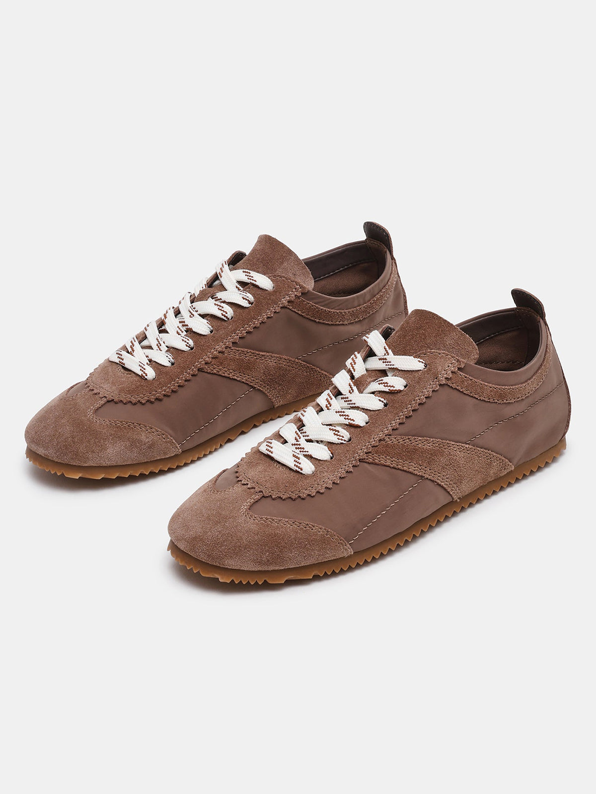 Taupe Cow Suede And Cloth Square-Toe Lace-Up Classic Flats Sneakers