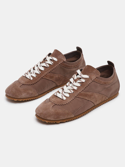 Taupe Cow Suede And Cloth Square-Toe Lace-Up Classic Flats Sneakers