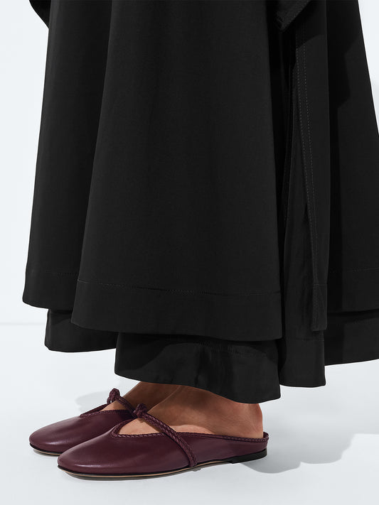 Burgundy Round-Toe Middle Strap Backless Slip-On Flats