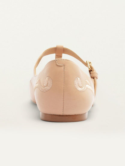 Beige Square-Toe Middle Strap Chic Embroidery Ballet Flats