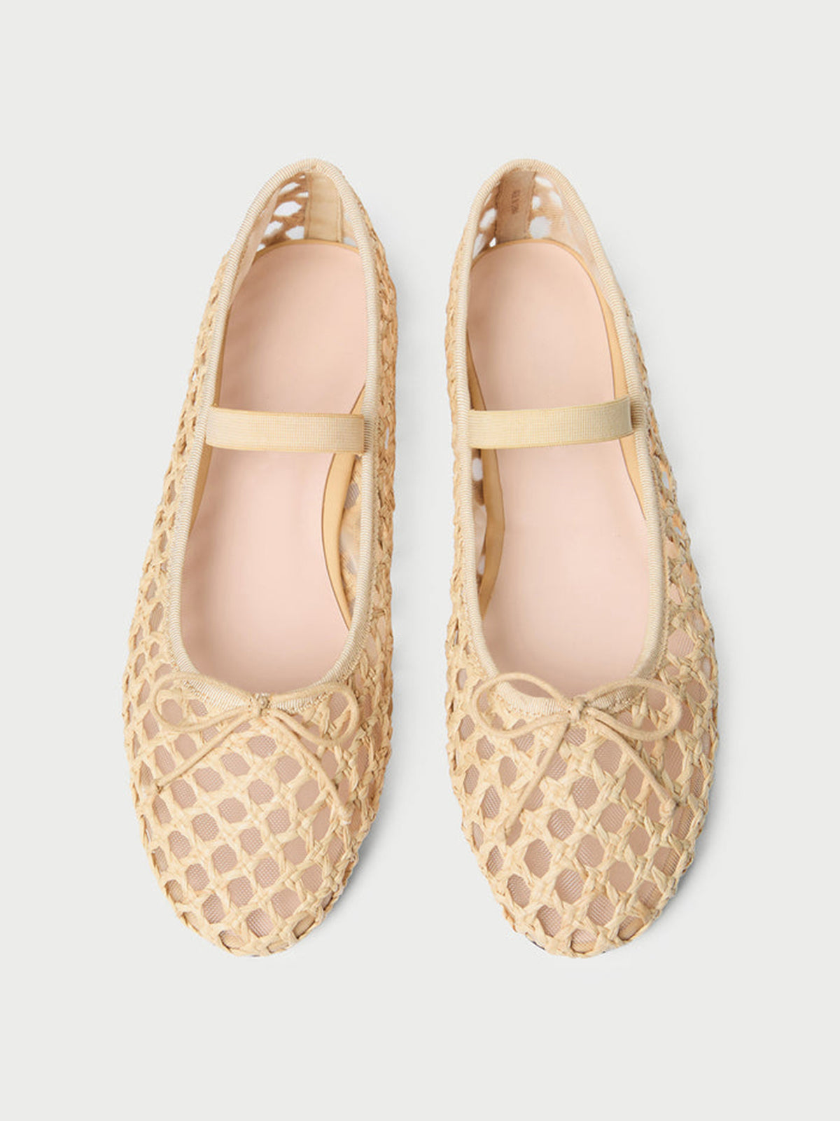 Nude Woven And Mesh Round-Toe Front Bow And Middle Strap Ballet Flats