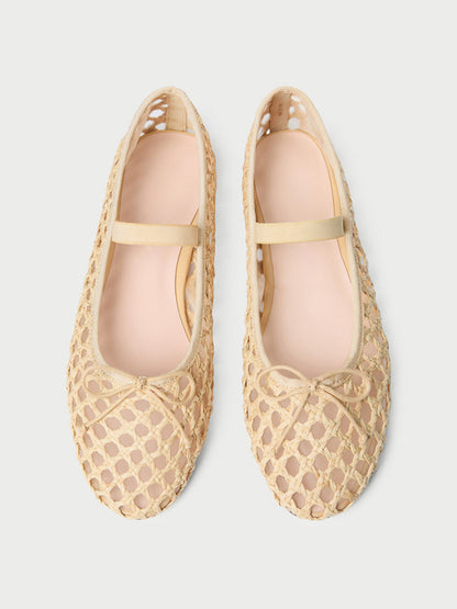 Nude Woven And Mesh Round-Toe Front Bow And Middle Strap Ballet Flats