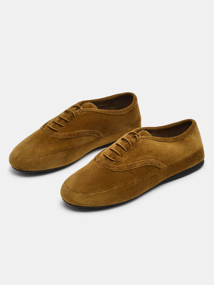 Brown Lint Round-Toe Lace-Up Slip-On Chic Flats