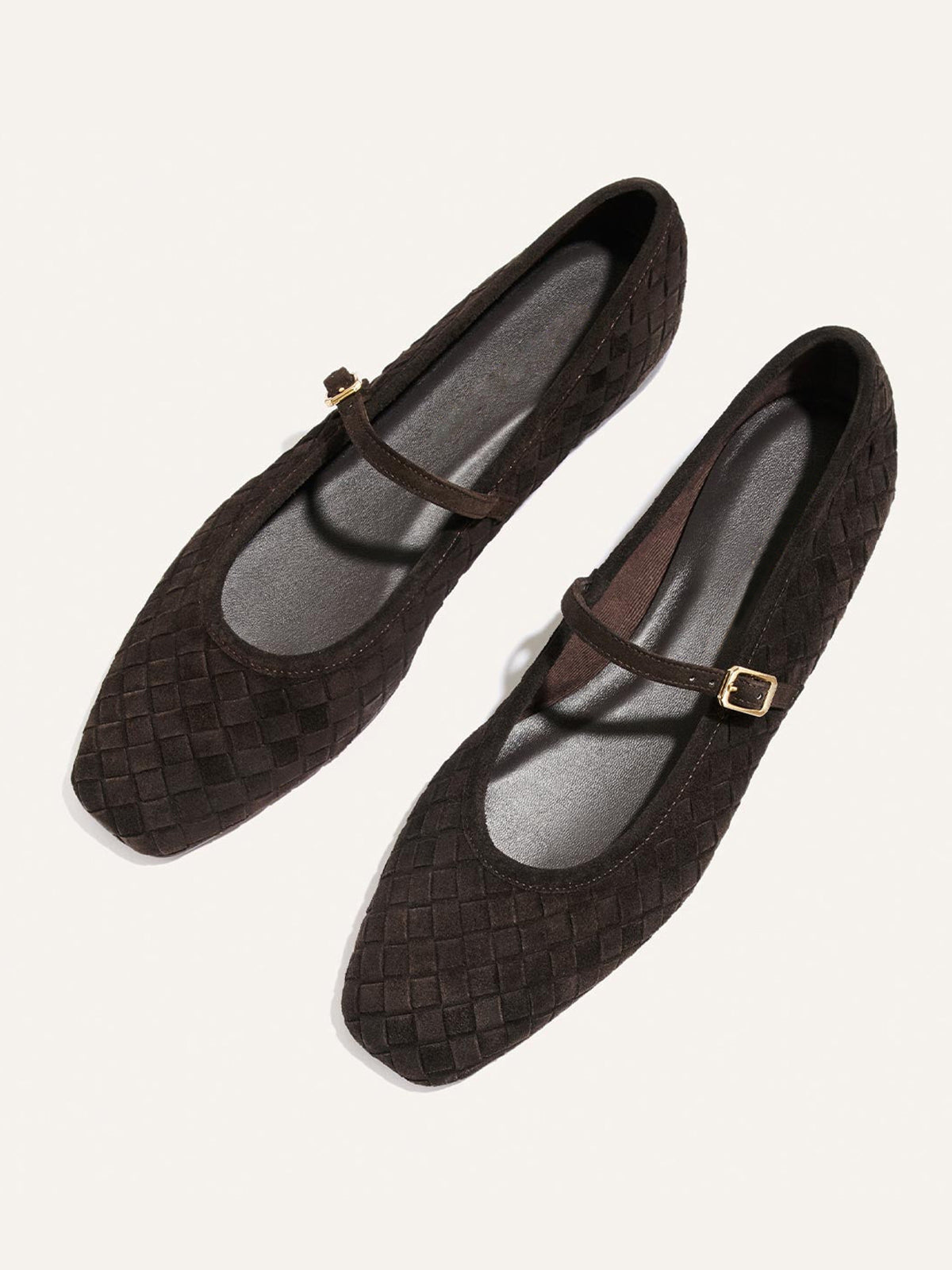 Chocolate Woven Faux Suede Square-Toe Mary Jane Chic Ballet Flats