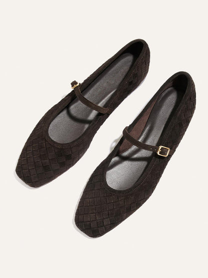 Chocolate Woven Faux Suede Square-Toe Mary Jane Chic Ballet Flats