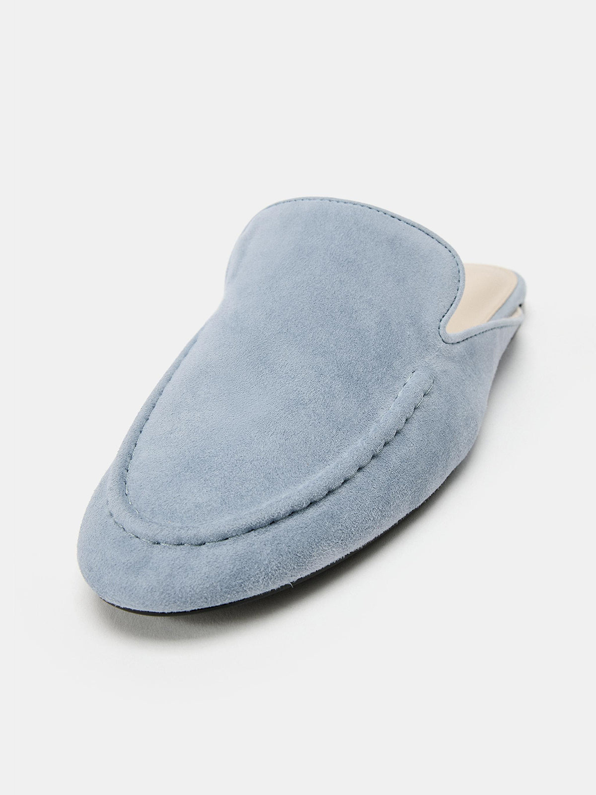 Blue Faux Suede Round-Toe Backless Mules Loafers Flats