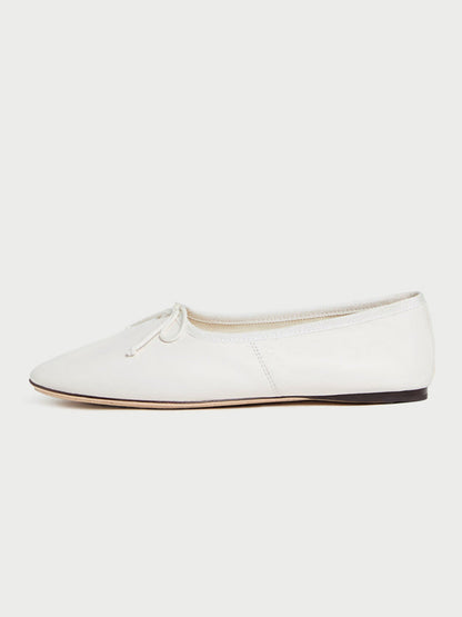 White Round-Toe Chic Front Bow Slip-On Ballet Flats