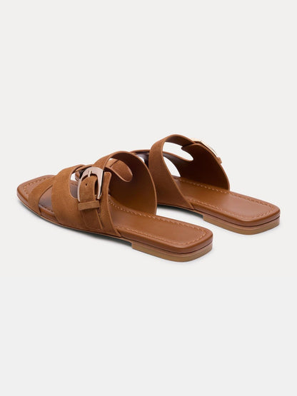 Brown Faux Suede Square-Toe Slip-On Buckle Slide Sandal Flats